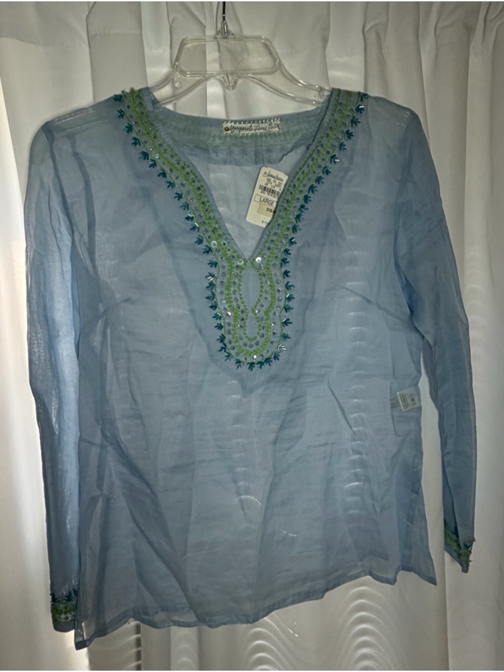 NWT MARGARET LOVES PETER Cotton Blue Sheer Beaded Tunic Top size L